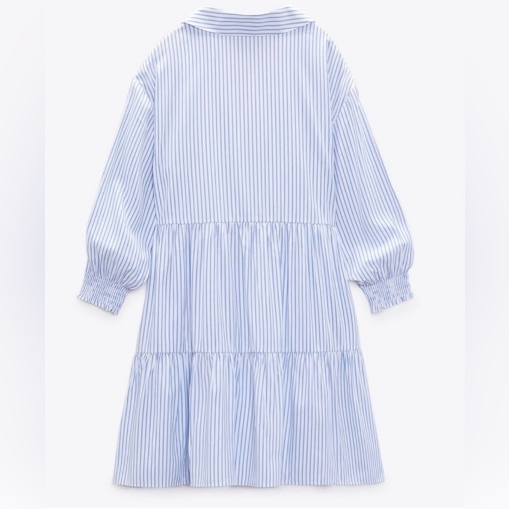 Zara NWOT Women’s Blue & White Vertical Striped Tiered Mini Dress, Size Large. - Picture 3 of 11